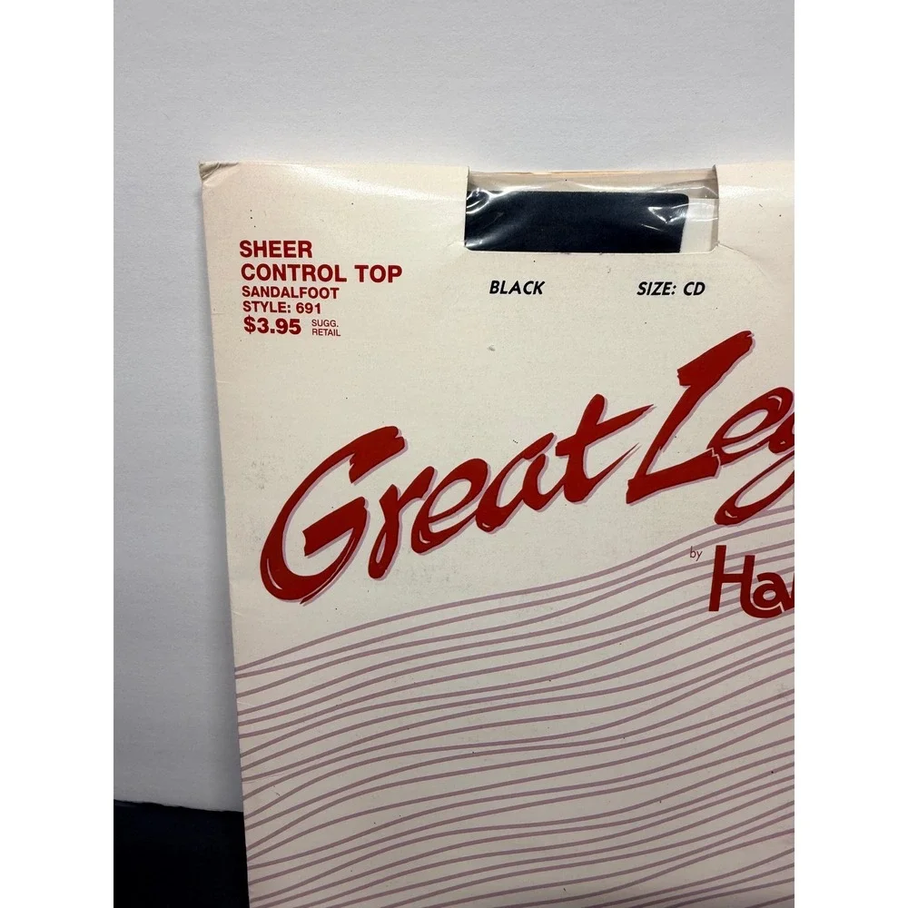 Vintage Hanes Great Legs Pantyhose Black Sheer Control Top Sandalfoot Sz CD 691